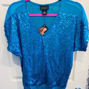 NWT BEAUTIFUL Blue Sequin Top, Size Small, IMAN